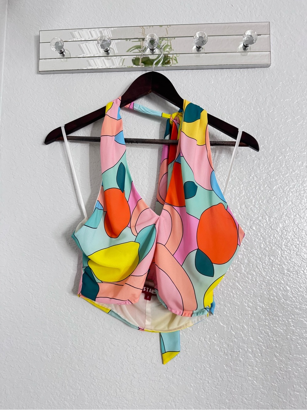 STAUD Multicolor Abstract Halter Crop Top - Pink, Blue, Yellow, Orange, Green - Picture 3 of 6